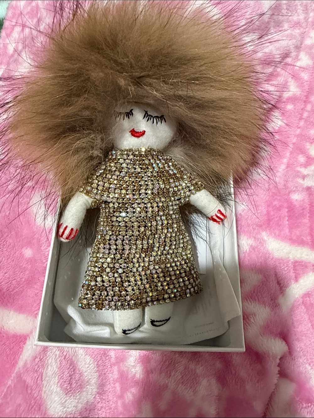 Gold Sequin Doll Key/Card Holder with Brown Fur Hood